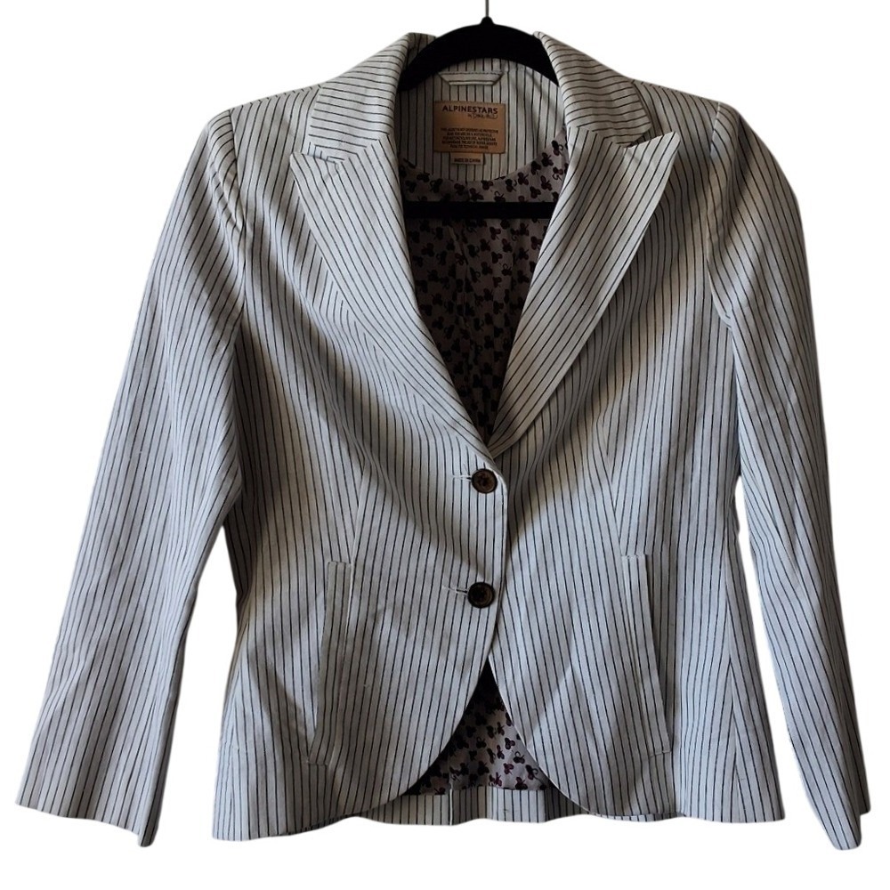 Alpinestars by Denise Focil Linen Silk Pinstripe Blazer Jacket White Black Small